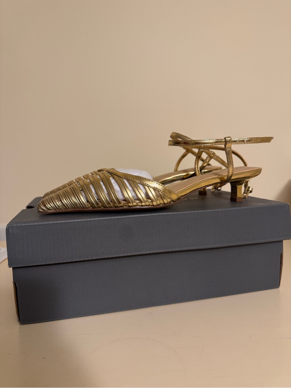 Ann Taylor Metallic Gold Strappy Pointed Kitten-Heel Sandals